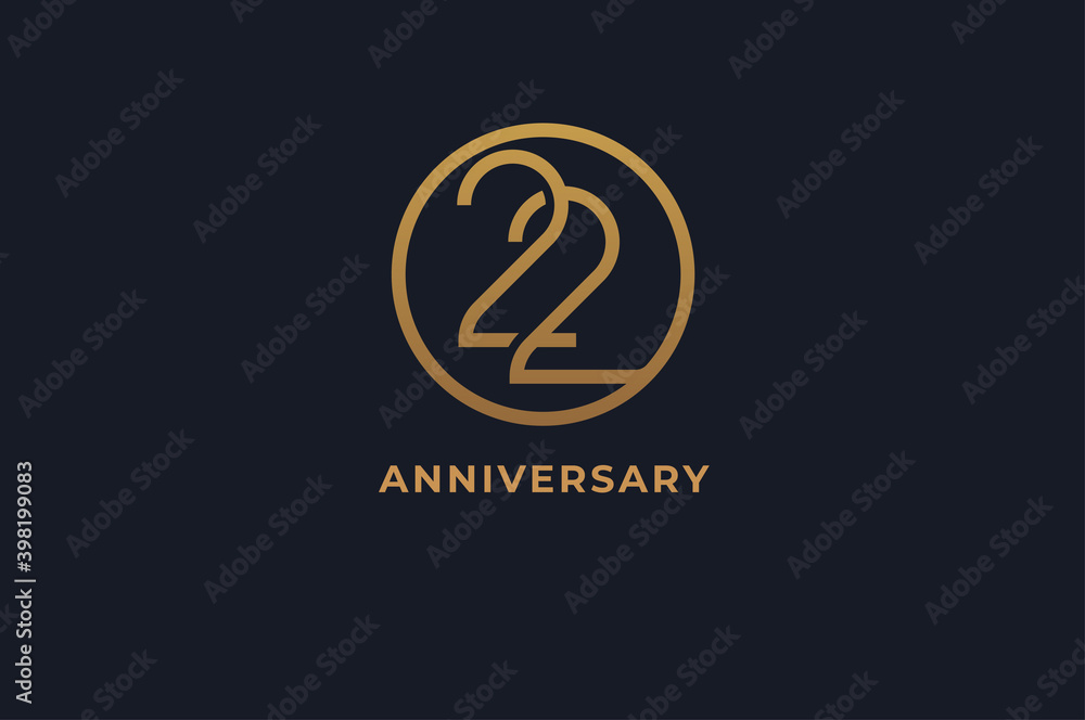 Number 22 logo,  gold line circle with number inside, usable for anniversary and invitation, golden number design template, vector illustration