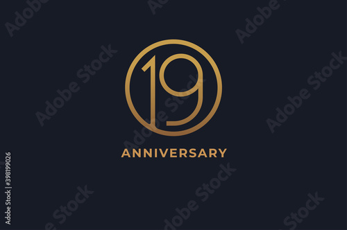 Number 19 logo,  gold line circle with number inside, usable for anniversary and invitation, golden number design template, vector illustration