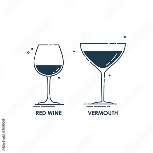 Glassware vermouth and red wine line art in flat style. Restaurant alcoholic illustration for celebration design. Contour element. Beverage outline icon. Isolated on white background in graphic style