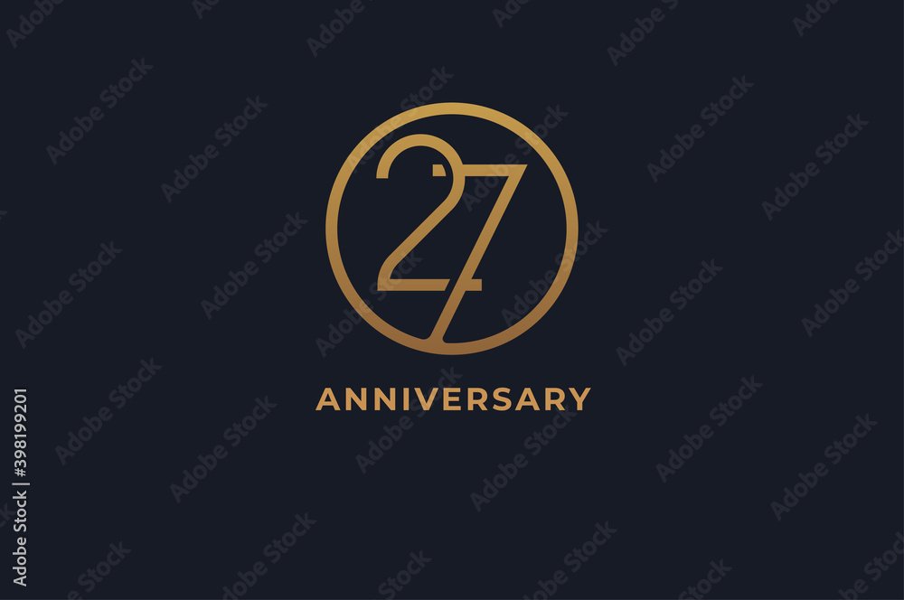 Number 27 logo,  gold line circle with number inside, usable for anniversary and invitation, golden number design template, vector illustration