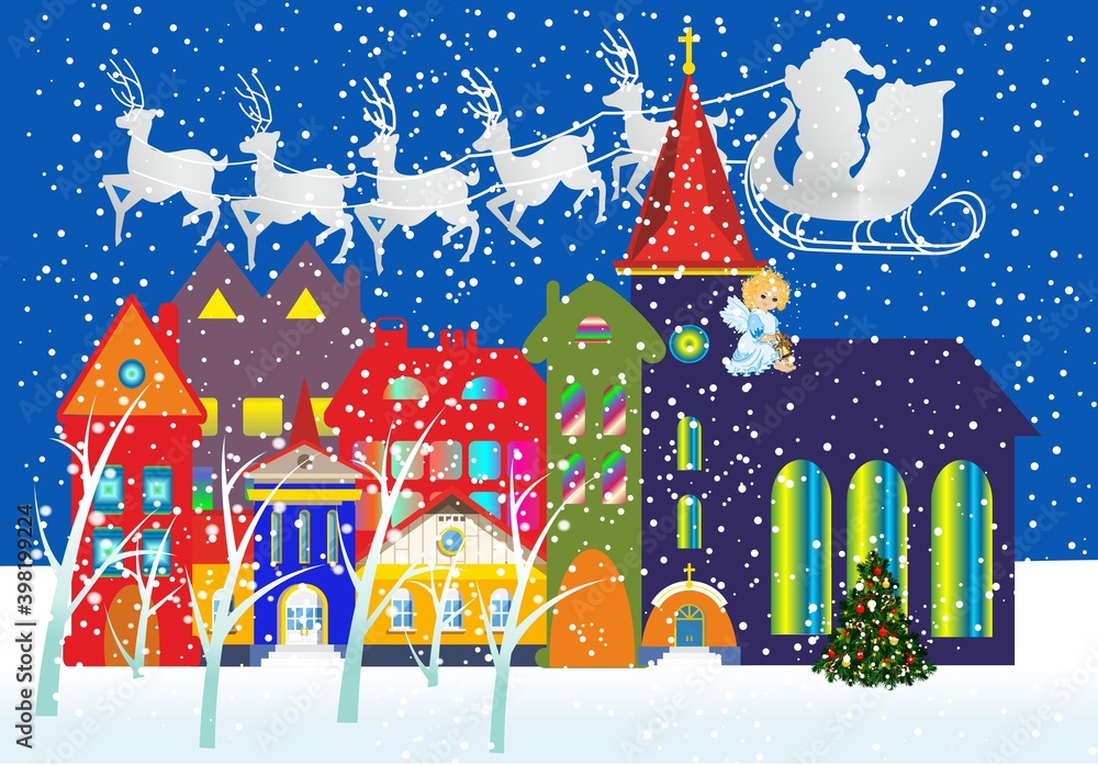 composition with Santa Claus, who rides in a sleigh and is pulled by reindeer, and there is a colorful city below