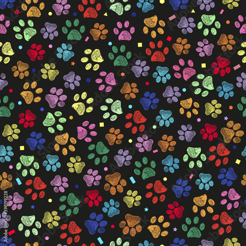 Doodle colorful paw print with geometric shapes