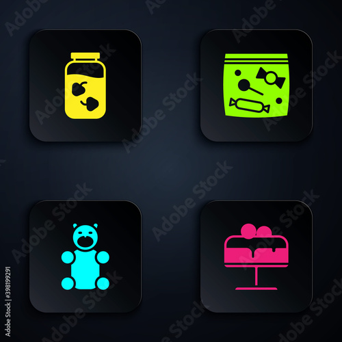 Set Cake on plate, Strawberry jam jar, Jelly bear candy and Candy packaging for sweets. Black square button. Vector.