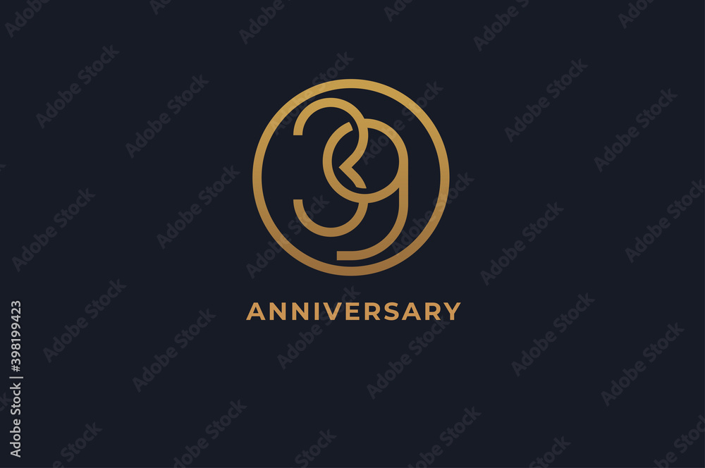 Number 39 logo,  gold line circle with number inside, usable for anniversary and invitation, golden number design template, vector illustration