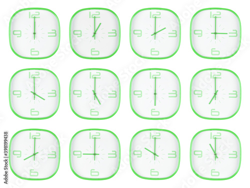 Set of green analogue clocks showing full 12 hours.
