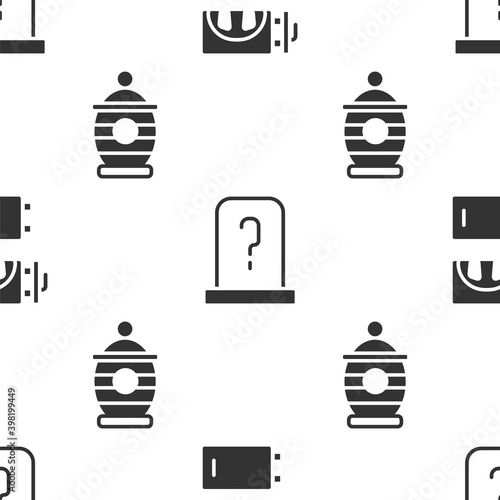 Set Crematorium, Grave with tombstone and Funeral urn on seamless pattern. Vector.
