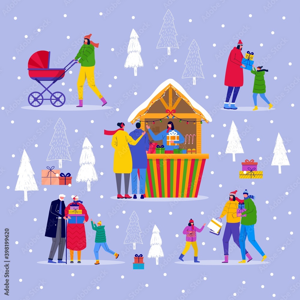 Obraz premium Christmas market with people walking between wooden kiosks buying snacks,gifts, decoration. Christmas fair poster with traditional winter bazaar. Vector collection for invitation card, flyer design
