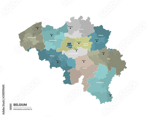 Belgium higt detailed map with subdivisions. Administrative map of Belgium with districts and cities name, colored by states and administrative districts. Vector illustration.