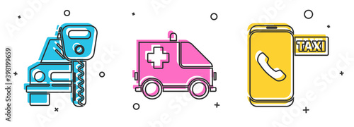 Set Car rental, Ambulance and emergency car and Taxi call telephone service icon. Vector.