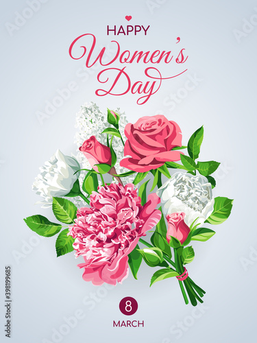 Vertical 8 March Women's Day greeting card template. Pink and white flowers - Roses, Peonies, Lilacs isolated on light background. 