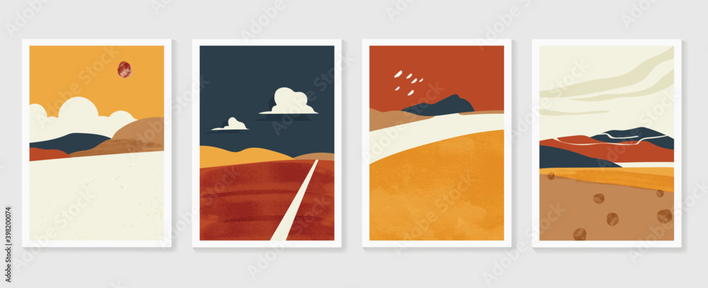 Fototapeta premium Mountain and landscape wall arts collection. Abstract art with land, desert, home, way, sun, sky. Design for wall art home decoration, prints, digital and smart phone wallpaper, fabric and background