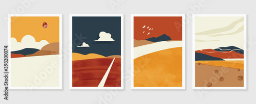 Mountain and landscape wall arts collection. Abstract art with land, desert, home, way, sun, sky. Design for wall art home decoration, prints, digital and smart phone wallpaper, fabric and background