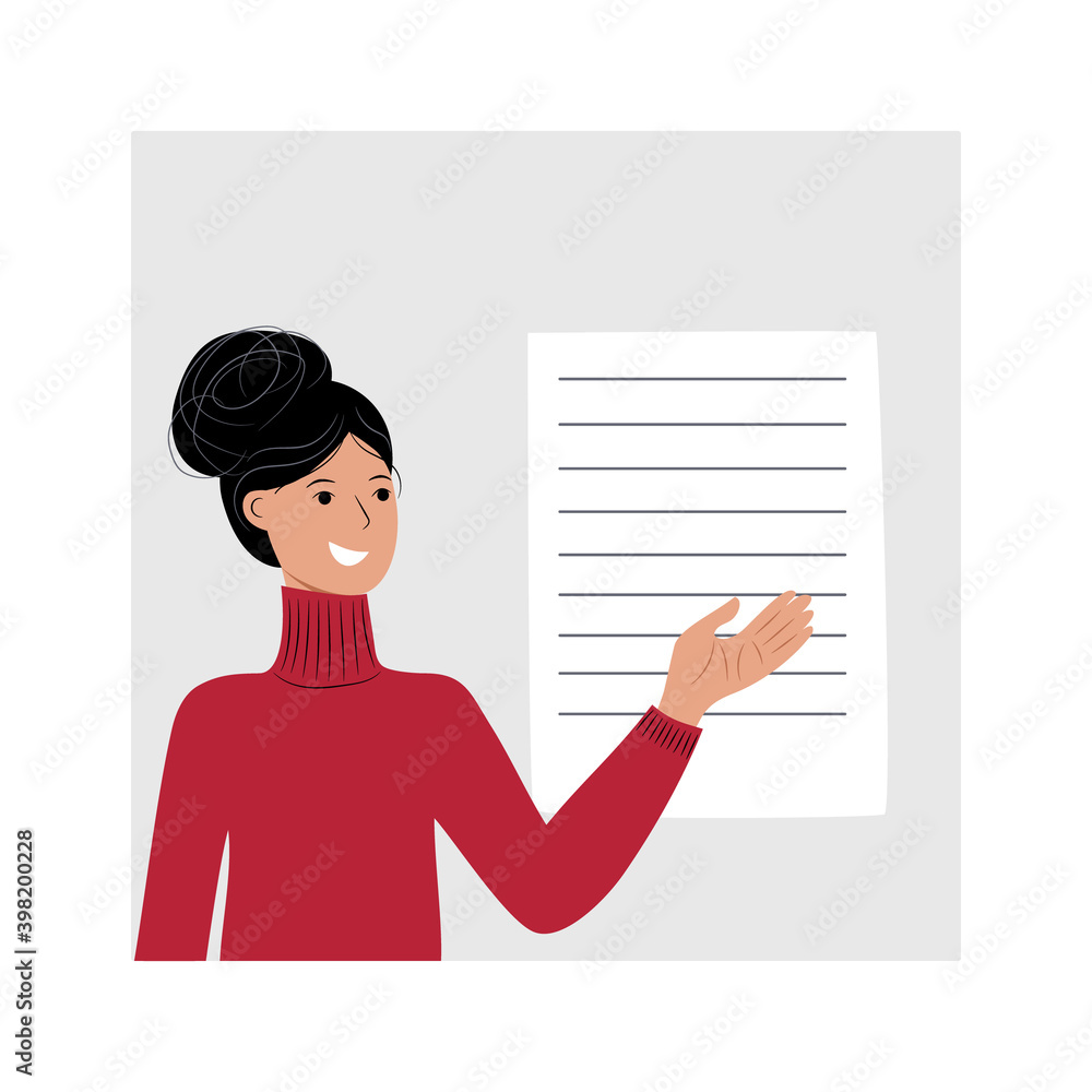 Teacher is giving a lecture leads a lesson. Brunette woman points  to a sheet of paper with text. Avatar character user icon for social networks square design. Stock vector flat illustration isolated.