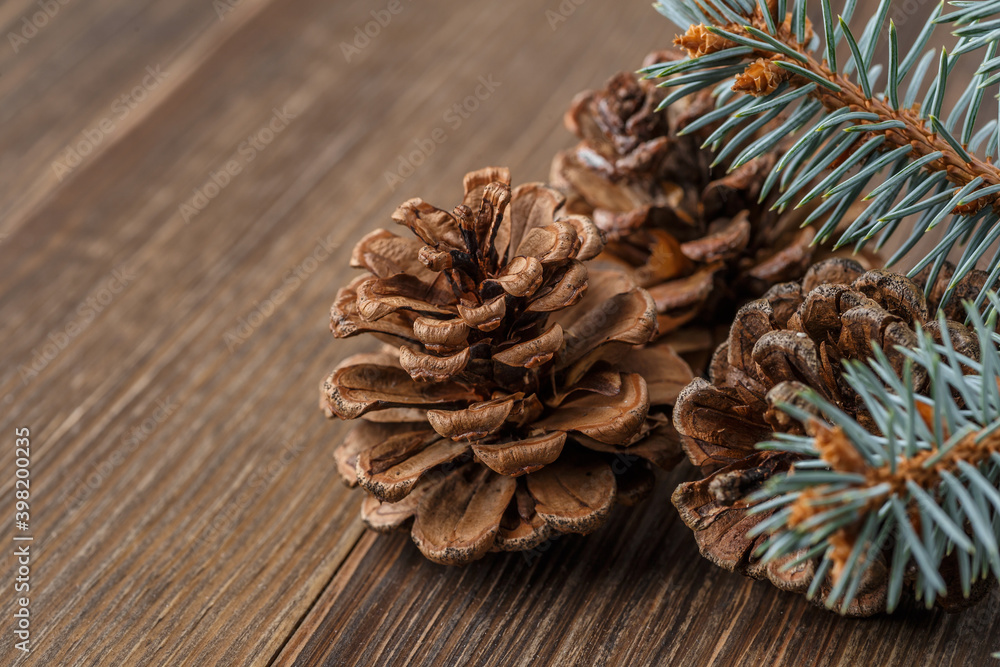Pine cone and green branch on wooden table .Christmas card. Pine cones on wooden background.