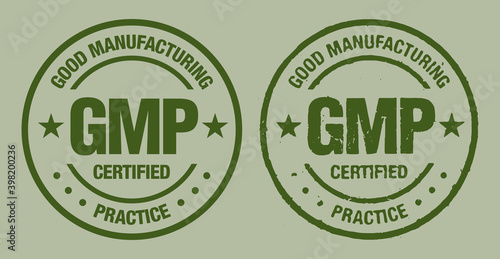 GMP Good Manufacturing Practice, vintage grunge certified round stamp - Vector