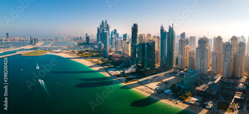 JBR beach and Dubai Marina skyscrapers aerial view