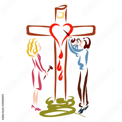 Fotografija man and woman crucify their hearts on the cross, betraying God