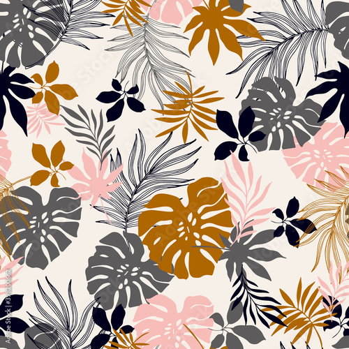 Hand drawn tropical summer background: palm, monstera leaves in silhouette, line art styles.
