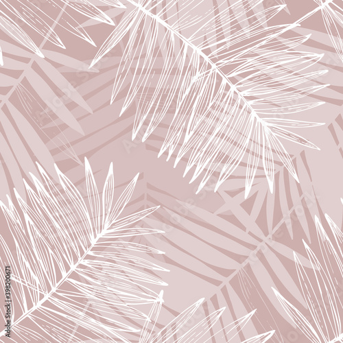 Abstract tropical foliage background in pink rose blush colors. Palm leaves line art seamless pattern.