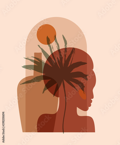 Black woman face mask, geometric, natural shapes, minimal fashion concept Abstract tropical palm leaf, vase, sun in pastel colors