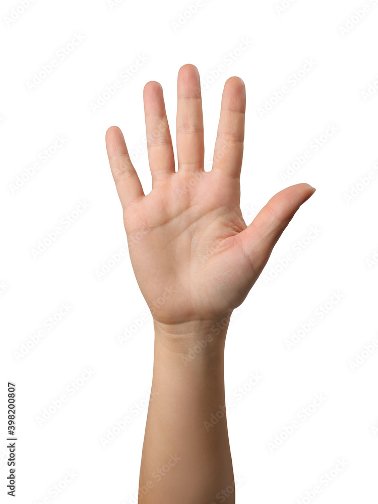 Woman hand showing five fingers. Isolated object Woman hand showing five fingers. Isolated object