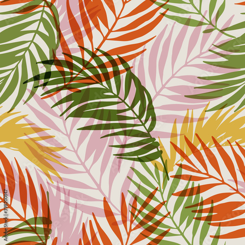 Hand drawn abstract tropical summer background   palm tree leaves silhouettes