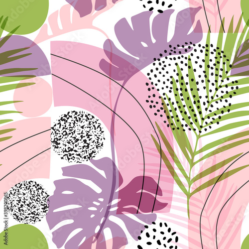 Modern geo layout: geometric natural rounded shapes, tropical leaves silhouettes, grain texture in 80s, 90s minimal flat style