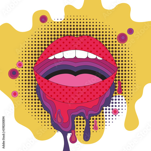 Funky open mouth, dripping paint, polka dots pattern