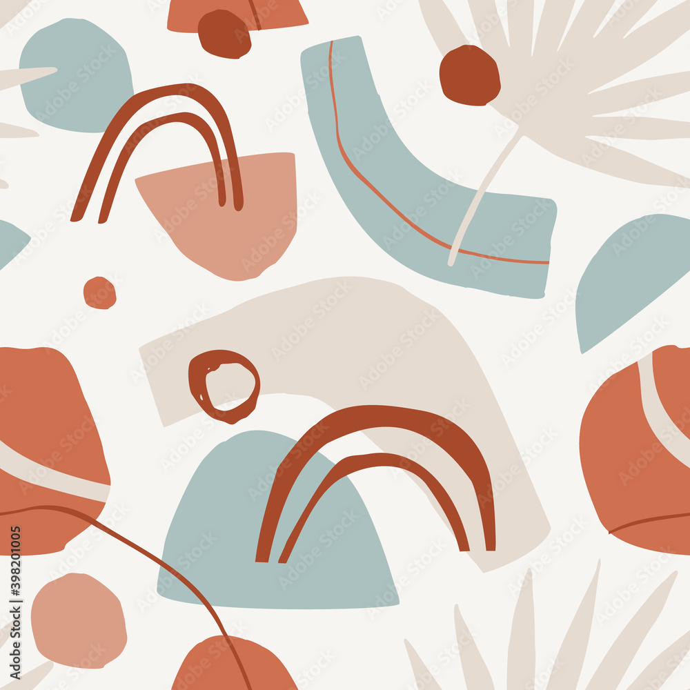 Pastel colored geometrical shapes, tropical palm leaf, lines, circles, doodles background Pastel colored geometrical shapes, tropical palm leaf, lines, circles, doodles background