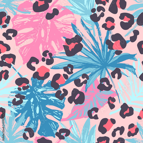Bright tropical leaves and cartoon leopard camouflage spots background.