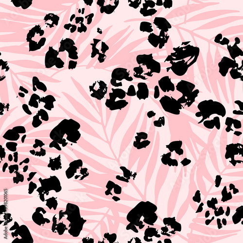 Cool tropical leaves and cartoon leopard camouflage spots background.