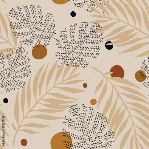 Modern illustration with tropical leaves, geo elements for minimalist art print, poster, boho wall decor, flat design.