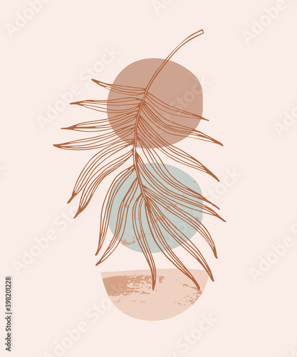 Abstact Minimal design. Trendy geo layout: geometric shapes, tropical palm leaf sketch, brush stroke texture