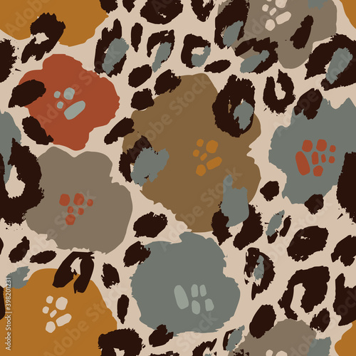 Abstract floral seamless pattern with flowers, animal skin print. Creative artistic background. Digital vector art for surface design, fabric, gift wrapping, wallpaper