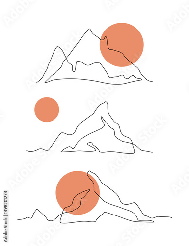 Mountains contour drawing, panoramic view. Simple one line nature illustration.