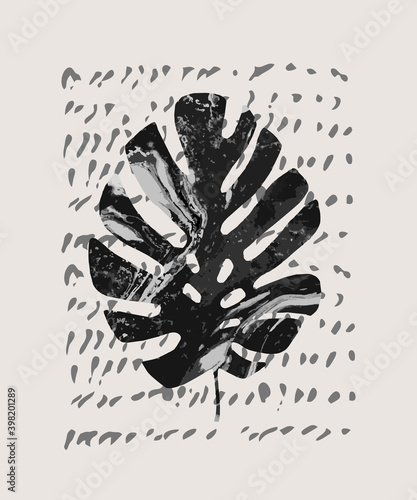 Trendy geo layout: tropical palm leaf, brush stroke grunge texture. Minimalism concept for T-shirt, poster, cover, gift card, leaflet