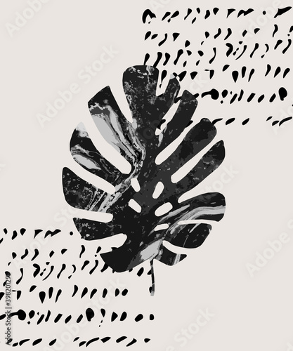 Trendy geo layout: tropical palm leaf, brush stroke grunge texture. Minimalism concept for T-shirt, poster, cover, gift card, leaflet