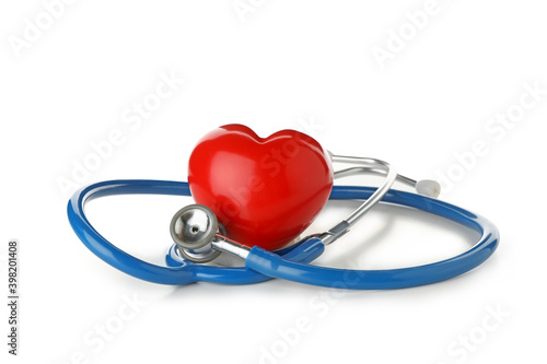 Blue stethoscope and heart isolated on white background