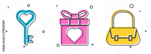Set Key in heart shape, Gift box and heart and Handbag icon. Vector.