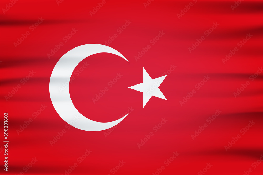 Turkey flag 3D of white crescent moon and star on red color background. Turkish republic European country official national flag.