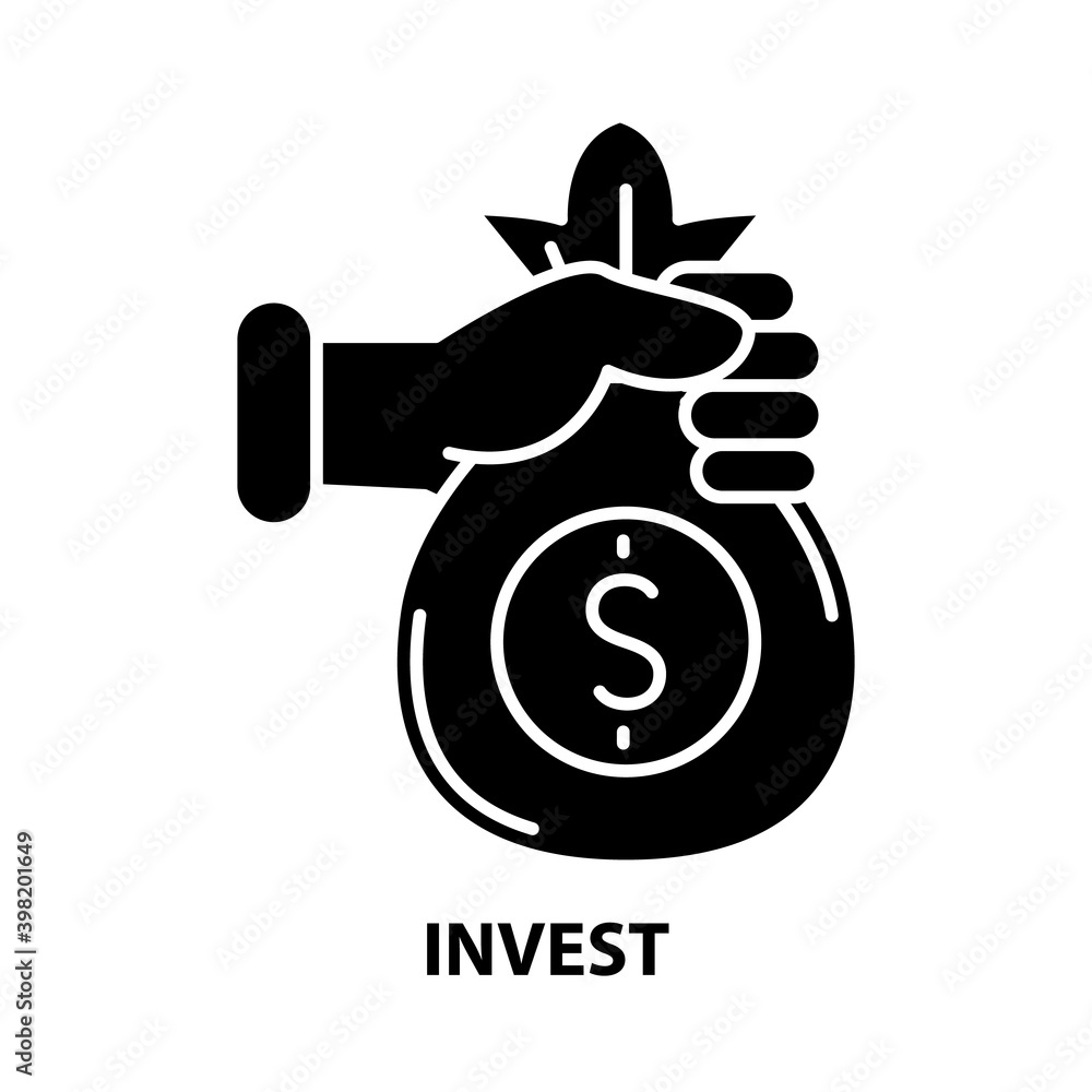 invest icon, black vector sign with editable strokes, concept illustration invest icon, black vector sign with editable strokes, concept illustration