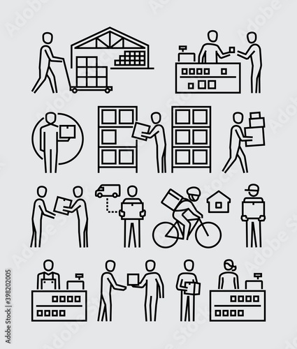 Retailer Warehouse Worker Delivery Man Delivering Package to Customer Vector Icons