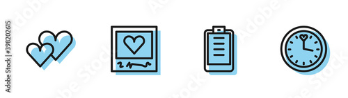 Set line Clipboard with checklist, Heart, Photo frames and hearts and Clock icon. Vector.