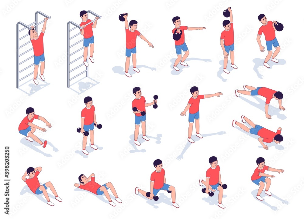 Workout exercise set for men - vector isometric illustration. Fitness home exercise. 3d outline style.