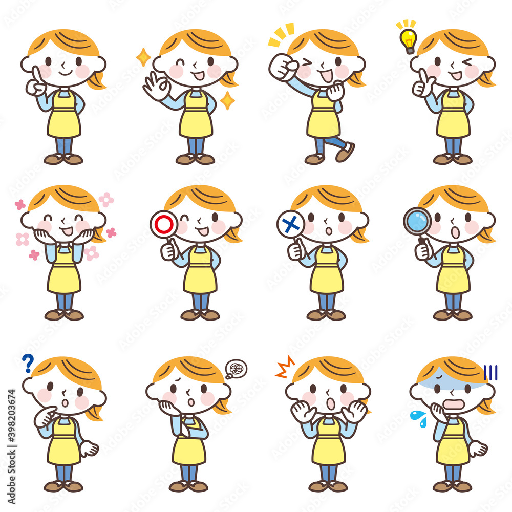 主婦の表情セット(全身)-Facial expression icon of a woman wearing an apron	