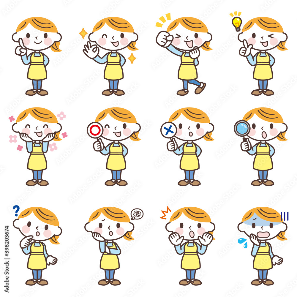 主婦の表情セット(全身)-Facial expression icon of a woman wearing an apron 主婦の表情セット(全身)-Facial expression icon of a woman wearing an apron