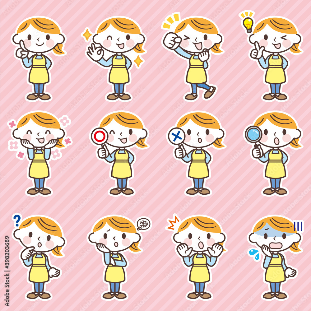 主婦の表情セット(全身)-Facial expression icon of a woman wearing an apron	