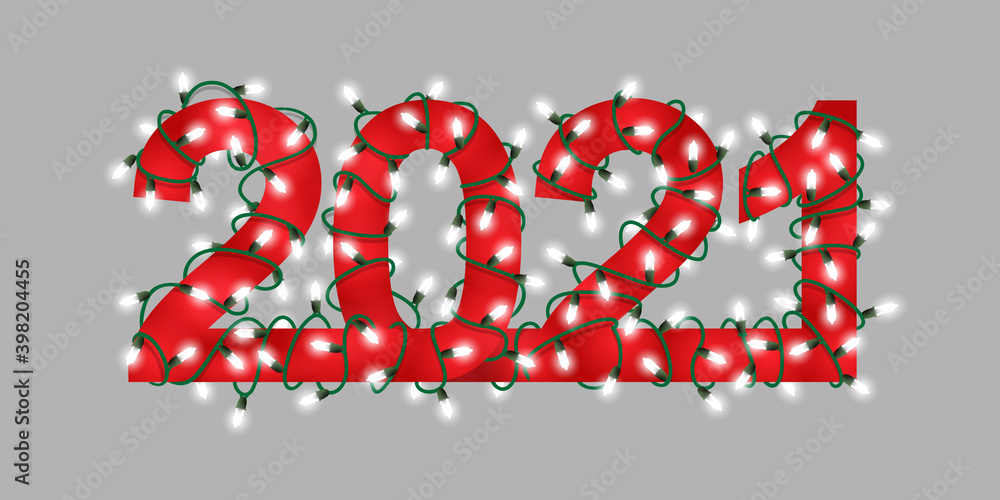 Hand drawn glowing festive garland text numbers 2021 illustration - Happy New Year
