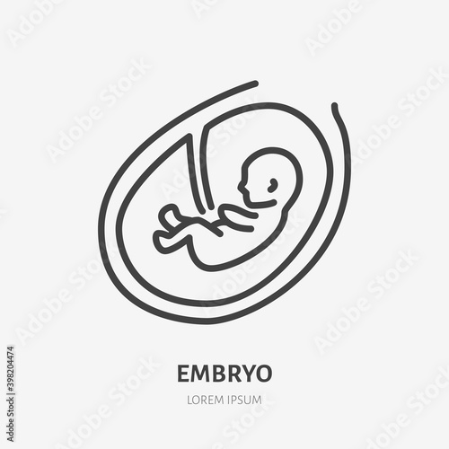 Embryo in womb flat line icon. Vector outline illustration of baby ultrasound. Black color thin linear sign for fetus health