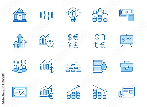 Investment line icon set. Stock market, bond, financial analysis, broker, income increase minimal vector illustration. Simple outline signs investor application. Blue color, Editable Stroke